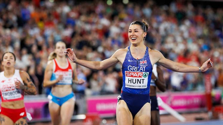 BIRMINGHAM, GREAT BRITAIN - AUGUST 10, 2026 : Amy HUNT (GBR Great Britain) celebrates her Gold about 100m after crossing the finish line during the European Athletics Championships at Alexander Stadium on August 10, 2026 in Birmingham, Great Britain. Oregon Great Britain Copyright: xAxelxKohringx
