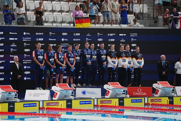 10 Aout European Aquatics Championships Paris 2026 Team France, Team Great Britain and Team Germany During the finale 4X200 M Freestyle Men at the European Swimming Championships at the Greater Paris Metropolis Olympic Aquatics Centre in Paris (France) on August 10, 2026.Credit Laurent Lairys parisFrance  Copyright: xLaurentxLairysx