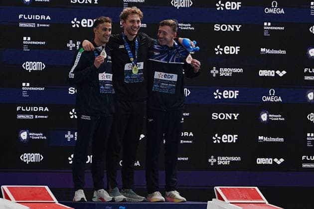 10 Aout European Aquatics Championships Paris 2026 Laurent Lairys MAXPPP - Alberto RAZZETTI of Italie , Borodin Ilia of NAB and Max LITCHFIELD Great Britain During the finale 400 M Medley at the European Swimming Championships at the Greater Paris Metropolis Olympic Aquatics Centre in Paris (France) on August 10, 2026.Credit Laurent Lairys paris FRANCE  Copyright: xMAXPPPxLaurentxLairysx LLR202608119242 LLR202608119242
