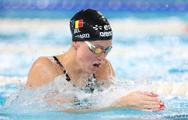 Belgian Florine Gaspard pictured in action during the heats of the Women™s 100m breaststroke event at the European Aquatics Championships in Paris, France on Tuesday 11 August 2026. VIRGINIExLEFOUR  x183128858x