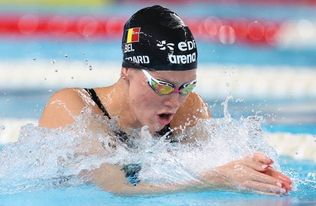 Belgian Florine Gaspard pictured in action during the heats of the Women™s 100m breaststroke event at the European Aquatics Championships in Paris, France on Tuesday 11 August 2026. VIRGINIExLEFOUR  x183128860x