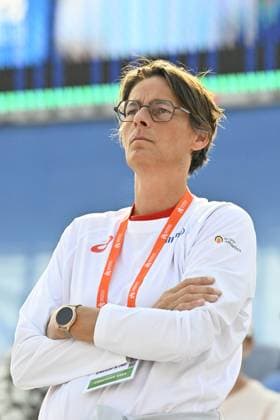 coach Tia Hellebaut pictured at the Men High Jump qualification, on the second day of the European Athletics Championships (August 10-18) in Birmingham, United Kingdom, on Tuesday 11 August 2026. ERICxLALMAND  x183133944x