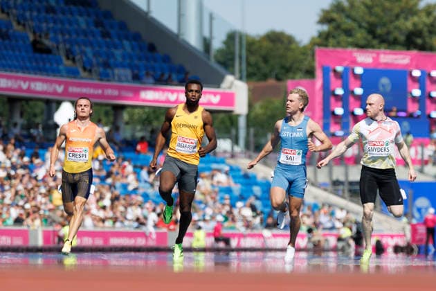 BIRMINGHAM, GREAT BRITAIN - AUGUST 11, 2026 : Lucas ANSAH-PEPRAH (GER Germany) competing in the 100m qualifiers during the European Athletics Championships at Alexander Stadium on August 11, 2026 in Birmingham, Great Britain. Oregon Great Britain Copyright: xAxelxKohringx
