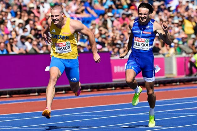 BIRMINGHAM, UNITED KINGDOM 20260811 Sweden s Henrik Larsson and Finland s Riku Illukka during round 1 of the men s 100m at the European Athletics Championships at Alexander Stadium in Birmingham. *** The image is included in the SPORTS PACKAGE. For others PAID IMAGE. *** BIRMINGHAM UK x10030x *** BIRMINGHAM, UNITED KINGDOM, August 11, 2026: Sweden’s Henrik Larsson and Finland’s Riku Illukka during Round 1 of the men’s 100m at the European Athletics Championships at Alexander Stadium in Birmingham *** The image is included in the SPORTS PACKAGE. For other uses, PAID IMAGE *** BIRMINGHAM, UK x10030x  Copyright: xJonasxEkströmer TTx EUROPEAN ATHLETICS CHAMPIONSHIPS 2026