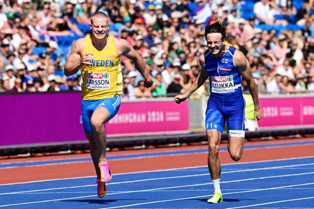BIRMINGHAM, UNITED KINGDOM 20260811 Sweden s Henrik Larsson and Finland s Riku Illukka during round 1 of the men s 100m at the European Athletics Championships at Alexander Stadium in Birmingham. *** The image is included in the SPORTS PACKAGE. For others PAID IMAGE. *** BIRMINGHAM UK x10030x *** BIRMINGHAM, UNITED KINGDOM, August 11, 2026: Sweden’s Henrik Larsson and Finland’s Riku Illukka during Round 1 of the men’s 100m at the European Athletics Championships at Alexander Stadium in Birmingham *** The image is included in the SPORTS PACKAGE. For other uses, PAID IMAGE *** BIRMINGHAM, UK x10030x  Copyright: xJonasxEkströmer TTx EUROPEAN ATHLETICS CHAMPIONSHIPS 2026