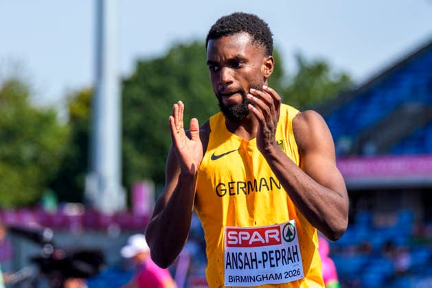 BIRMINGHAM, GREAT BRITAIN - AUGUST 11, 2026 : Lucas ANSAH-PEPRAH (GER Germany) competing in the 100m heats during the European Athletics Championships at Alexander Stadium on August 11, 2026 in Birmingham, Great Britain. Nordrhein-Westfalen Great Britain Copyright: xLeahxKohringx