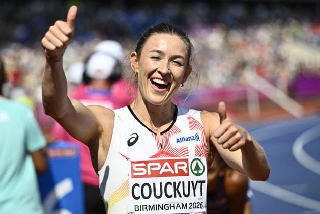 Belgian Paulien Couckuyt celebrates as she won her heat in the semifinals of the Women 400m Hurdles race, on the second day of the European Athletics Championships (August 10-18) in Birmingham, United Kingdom, on Tuesday 11 August 2026. ERICxLALMAND  x183140642x