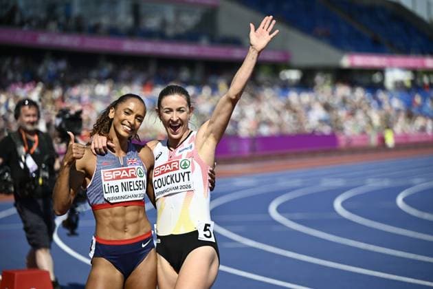 Belgian Paulien Couckuyt celebrates as she won her heat in the semifinals of the Women 400m Hurdles race, on the second day of the European Athletics Championships (August 10-18) in Birmingham, United Kingdom, on Tuesday 11 August 2026. ERICxLALMAND  x183140679x