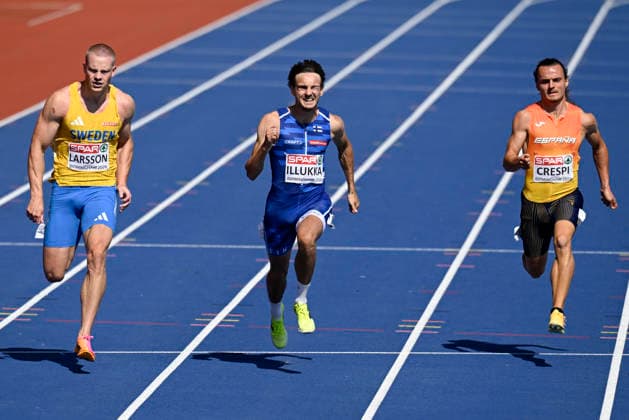 LKS 20260811 From left, Henrik Larsson of Sweden, Riku Illukka of Finland and Guillem Crespi of Spain during the heat 1 of the men s 100m run at the European Athletics Championships in Birmingham, England on August 11, 2026. - ANTTI AIMO-KOIVISTO Birmingham United Kingdom 6bdxAsiK6D4  Copyright: xAnttixAimo-Koivistox 6bdxAsiK6D4