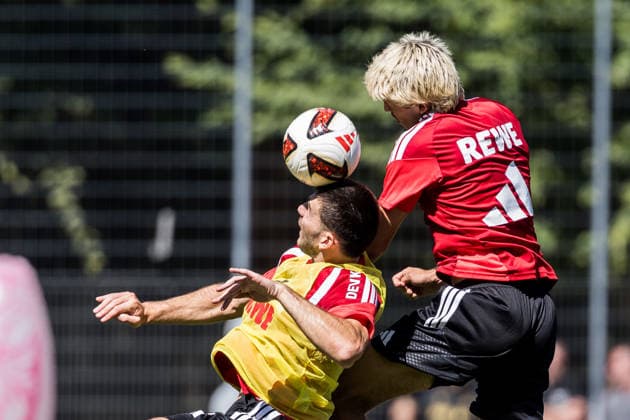 COLOGNE, GERMANY - AUGUST 11: Luka Lochoshvili (1. FC Koeln, 24) battles Gil Neves (1. FC Koeln) for the ball via header during a training session of season 2026 27 at Geissbockheim on August 11, 2026 in Cologne, Germany. North Rhine Westphalia Germany Copyright: xSteffiexWunderlx