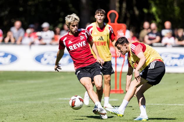 COLOGNE, GERMANY - AUGUST 11: Paul Okon-Engstler (1. FC Koeln, 23) controls the ball against Gil Neves (1. FC Koeln) during a training session of season 2026 27 at Geissbockheim on August 11, 2026 in Cologne, Germany. North Rhine Westphalia Germany Copyright: xSteffiexWunderlx