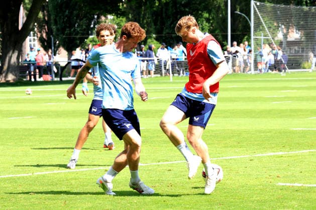 11.08.2026, DEU GER, Fussball , 2.Fussballbundesliga, Saison 2026 2027), Sportforum, Hertha BSC, Training Sebastian Groenning (Hertha BSC Berlin 17), Julian Eitschberger (Hertha BSC Berlin 2) 2. Liga: DFB DFL regulations prohibit any use of photographs as image sequences and or quasi-video) Berlin Sportforum Berlin Deutschland *** August 11, 2026, Germany, Soccer, 2. Bundesliga, 2026–2027 Season, Sportforum, Hertha BSC, Training: Sebastian Groenning, Hertha BSC Berlin 17, Julian Eitschberger, Hertha BSC Berlin 2, 2nd Division, DFB and DFL regulations prohibit any use of photographs as image sequences and or quasi-video, Berlin Sportforum, Berlin, Germany Copyright: xNordphotox xEnglerx