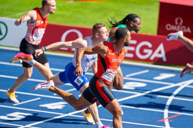 BIRMINGHAM, UNITED KINGDOM - AUGUST 11: TimothÃ Mumenthaler of Switzerland competes in the Men s 100m during the European Athletics Championships at Alexander Stadium on August 11, 2026 in Birmingham, United Kingdom. England United Kingdom Copyright: xBEAUTIFULxSPORTS TobiasxLacknerx