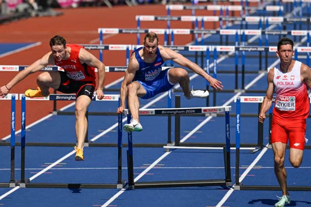 LKS 20260811 From left, Fabio Küchler of Switzerland, Ilari Manninen of Finland and Damian Czykier of Poland during the qualification of the men s 110m hurdles at the European Athletics Championships in Birmingham, England on August 11, 2026. - ANTTI AIMO-KOIVISTO Birmingham United Kingdom MVRQ_XqcAbw  Copyright: xAnttixAimo-Koivistox MVRQ_XqcAbw