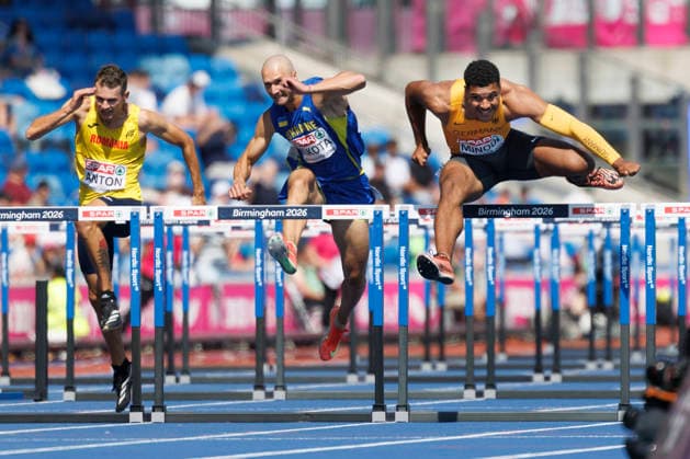 BIRMINGHAM, GREAT BRITAIN - AUGUST 11, 2026 : Alin Ionut ANTON (ROU Romania), Oleh KUKOTA (UKR Ukraine), Gregory MINOUE (GER Germany) competing in the 110m hurdles during the European Athletics Championships at Alexander Stadium on August 11, 2026 in Birmingham, Great Britain. Oregon Great Britain Copyright: xAxelxKohringx