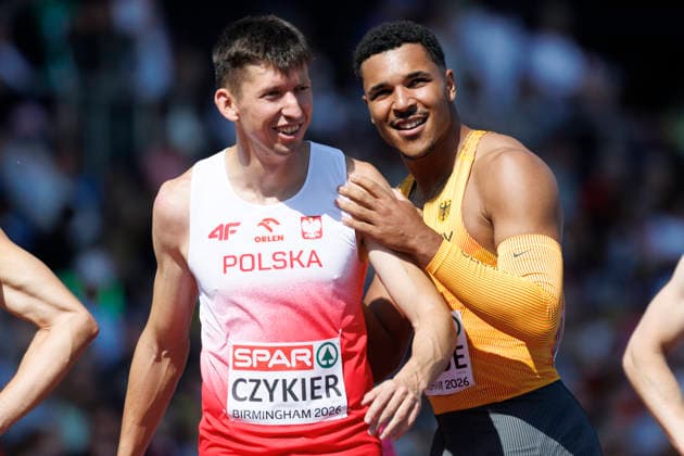 BIRMINGHAM, GREAT BRITAIN - AUGUST 11, 2026 : Damian CZYKIER (POL Poland), Gregory MINOUE (GER Germany) after the 110m hurdles during the European Athletics Championships at Alexander Stadium on August 11, 2026 in Birmingham, Great Britain. Oregon Great Britain Copyright: xAxelxKohringx