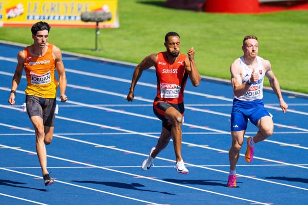 BIRMINGHAM, UNITED KINGDOM - AUGUST 11: TimothÃ Mumenthaler of Switzerland competes in the Men s 100m during the European Athletics Championships at Alexander Stadium on August 11, 2026 in Birmingham, United Kingdom. England United Kingdom Copyright: xBEAUTIFULxSPORTS TobiasxLacknerx