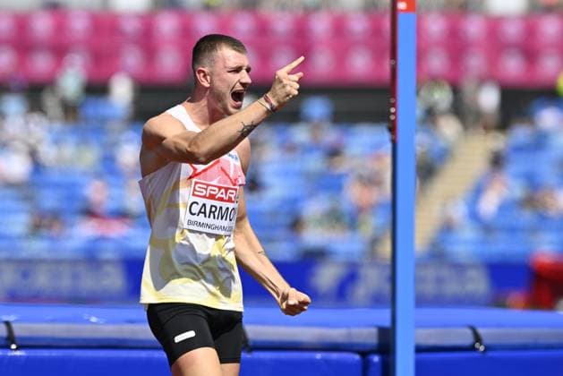Belgian athlete Thomas Carmoy celebrates after 2m23 as he qualified for the final during the Men High Jump qualification, on the second day of the European Athletics Championships (August 10-18) in Birmingham, United Kingdom, on Tuesday 11 August 2026. ERICxLALMAND  x183147898x