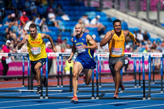 11.08.2026, GBR, Leichtathletik, Europameisterschaft 2026, Morgensession Tag 2, Birmingham Gregory Minoue ( Deutschland ), daneben Oleh Kukota ( Ukraine ), Alin Ionut Anton ( Rumänien ), 110 Meter Hürden Sprint Herren, Vorlauf Birmingham Alexander Stadium England Großbritannien *** August 11, 2026, GBR, Track and Field, 2026 European Championships, Morning Session Day 2, Birmingham Gregory Minoue (Germany), alongside Oleh Kukota (Ukraine) and Alin Ionut Anton (Romania), Men’s 110-meter Hurdles, Heats, Birmingham Alexander Stadium, England, Great Britain Copyright: xNordphoto Memmlerx