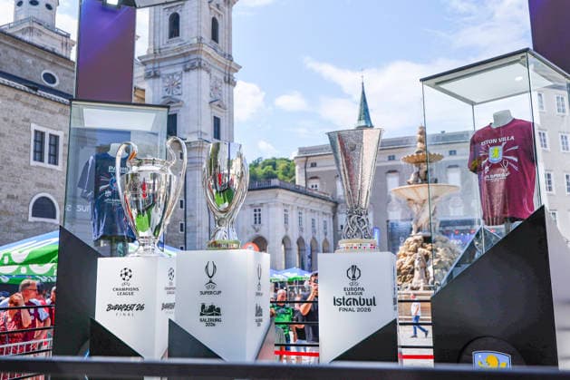 SOCCER - UEFA Super Cup, PSG vs Aston Villa SALZBURG,AUSTRIA,11.AUG.26 - SOCCER - UEFA Super Cup, Paris Saint-Germain vs Aston Villa FC, preview. Image shows the trophies of the UEFA Champions League, the supercup and the Europa League.  GEPAxpictures xDavidxGeieregger