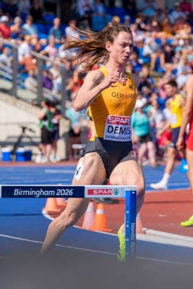 BIRMINGHAM, GREAT BRITAIN - AUGUST 11, 2026 : Eileen DEMES (GER Germany) competing in the 400m hurdles semi finals during the European Athletics Championships at Alexander Stadium on August 11, 2026 in Birmingham, Great Britain. Nordrhein-Westfalen Great Britain Copyright: xLeahxKohringx