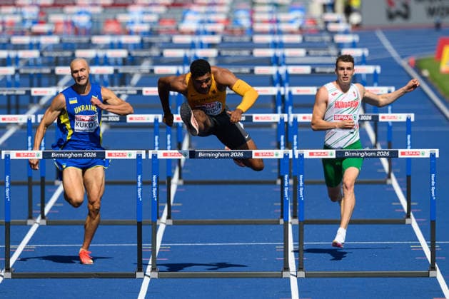BIRMINGHAM, GREAT BRITAIN - August 11: Gregory Minoue (Germany) during the 110 metres hurdles qualification during the European Athletics Championships 2026 at Alexander Stadium in Birmingham, Great Britain (Photo by Sven Beyrich Sports Press Photo)  Copyright: xSvenxBeyrich SportsxPressxPhotox Sportspressphoto_SPR204242