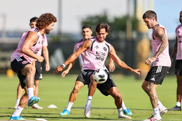 FORT LAUDERDALE, FL - AUGUST 11: Maximiliano Falcon (37), Telasco Segovia (8), and Rodrigo de Paul (7) of Inter Miami CF are seen during an Inter Miami Training Session at Florida Blue Training Center on August 11, 2026 in Fort Lauderdale, Florida. (Photo by Chris Arjoon Icon Sportswire) SOCCER: AUG 11 Inter Miami CF Training EDITORIAL USE ONLY Icon26081100000019