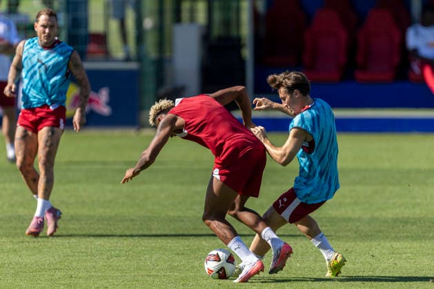 GER, Leipzig, Fussball, oeffentliches Training RB Leipzig im Bild v.l.: Antonio Nusa (RB Leipzig 07), Rocco Reitz (RB Leipzig 20), Zweikampf 11.08.2026, RB Leipzig Training Akademie Cottaweg Leipzig DFL DFB REGULATIONS PROHIBIT ANY USE OF PHOTOGRAPHS AS IMAGE SEQUENCES AND OR QUASI-VIDEO, *** GER, Leipzig, Soccer, RB Leipzig public training session—pictured from left: Antonio Nusa (RB Leipzig 07), Rocco Reitz (RB Leipzig 20), tackle on August 11, 2026, RB Leipzig Training Academy, Cottaweg, Leipzig; DFL, DFB regulations prohibit any use of photographs as image sequences and or quasi-video, Copyright: HMBxMedia PaulxFritz