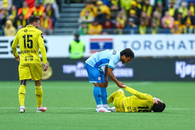 Fotball, Champions League 2025 2026: Bodo Glimt - Union Saint-Gilloise Bodo 20260811. Sondre Brunstad Fet ligger nede under kvalifiseringskampen til Champions League mellom Bodo Glimt og Union Saint-Gilloise pa Aspmyra stadion. Foto: Mats Torbergsen NTB Bodo Norge EDITORIAL USE ONLY. RESTRICTED USE FOR BETTING COMPANIES Ref:_SPOmjmuv6S8LZU.jpg *** Soccer, Champions League 2025 2026 Bodo Glimt Union Saint Gilloise Bodo 20260811 Sondre Brunstad Fet lies on the ground during the Champions League qualifying match between Bodo Glimt and Union Saint Gilloise at Aspmyra Stadium. Photo: Mats Torbergsen, NTB Bodo Norway EDITORIAL USE ONLY RESTRICTED USE FOR BETTING COMPANIES  Copyright: xMatsxTorbergsenx xNTBx