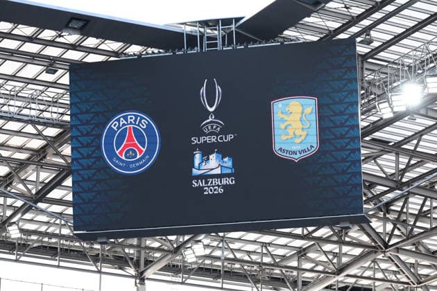 SOCCER - UEFA Super Cup, PSG vs Aston Villa SALZBURG,AUSTRIA,11.AUG.26 - SOCCER - UEFA Super Cup, Paris Saint-Germain vs Aston Villa FC, preview, pitch walk Aston Villa. Image shows a scoreboard.  GEPAxpictures xDavidxGeieregger