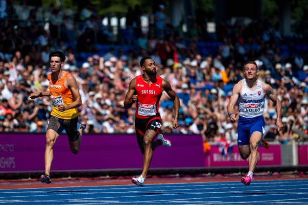 11.08.2026, GBR, Leichtathletik, Europameisterschaft 2026, Morgensession Tag 2, Birmingham Abel Jordan ( Spanien ), Timothe Mumenthaler ( Schweiz ), Jan Volko ( Slowakei ), 100 Meter Sprint Herren, Vorlauf Birmingham Alexander Stadium England Großbritannien *** August 11, 2026, GBR, Track and Field, 2026 European Championships, Morning Session, Day 2, Birmingham: Abel Jordan (Spain), Timothe Mumenthaler (Switzerland), Jan Volko (Slovakia), Men s 100-meter dash, preliminary round, Birmingham Alexander Stadium, England, Great Britain Copyright: xNordphoto Memmlerx