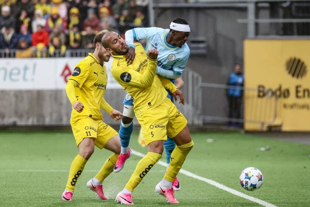 %items a soccer game between Norwegian FK Bodo Glimt and Belgian Royale Union Saint-Gilloise in Bodo, Norway, on %datetext, the return leg in the third qualifying round for the UEFA Champions League tournament. %photographer BrunoxFahy  x0863849150stx