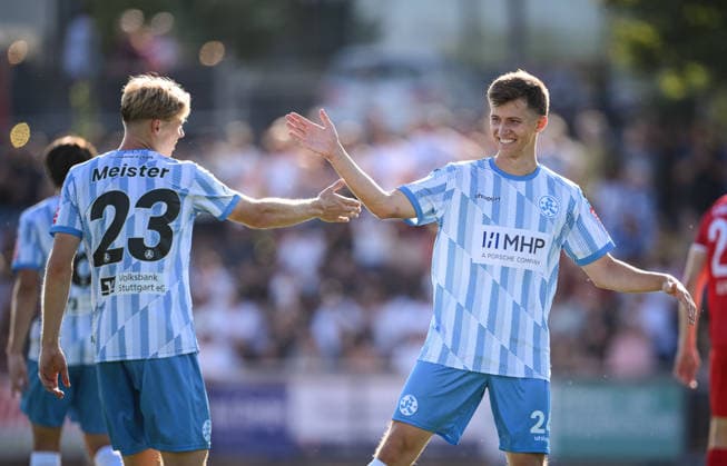 Fussball WFV Pokal 2026 2027 3. Runde 11.08.2026 FC Rottenburg - SV Stuttgarter Kickers JUBEL Kickers; Vincent Schwab (re klascht den Torschuetze zum 0-2 Christoph Meister (li) ab *** Soccer WFV Cup 2026–2027, Round 3, August 11, 2026: FC Rottenburg vs. SV Stuttgarter Kickers. CELEBRATION: Kickers Vincent Schwab high-fives goal scorer Christoph Meister after the 0–2 goal.