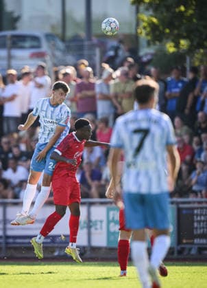 Fussball WFV Pokal 2026 2027 3. Runde 11.08.2026 FC Rottenburg - SV Stuttgarter Kickers Vincent Schwab (li, Kickers) gegen Ruben Nyanga (Mitte, FC Rottenburg) *** Soccer WFV Cup 2026–2027, Round 3, August 11, 2026: FC Rottenburg vs. SV Stuttgarter Kickers—Vincent Schwab (left, Kickers) vs. Ruben Nyanga (center, FC Rottenburg)
