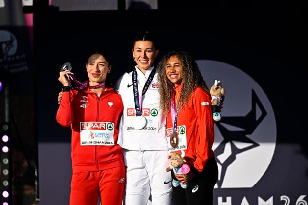 European Athletics Championships Birmingham 2026 - day 2 BIRMINGHAM, ENGLAND - AUGUST 11 : Swoboda Ewa (POL), Hunt Amy (GBR) and Nkansa Delphine (BEL) during the medal ceremony of the 100m on day 2 of the Birmingham 2026 European Athletics Championships on August 11, 2026 in Birmingham, England, 11 08 2026 Birmingham ENGLAND  Copyright: xTomasxSiskx