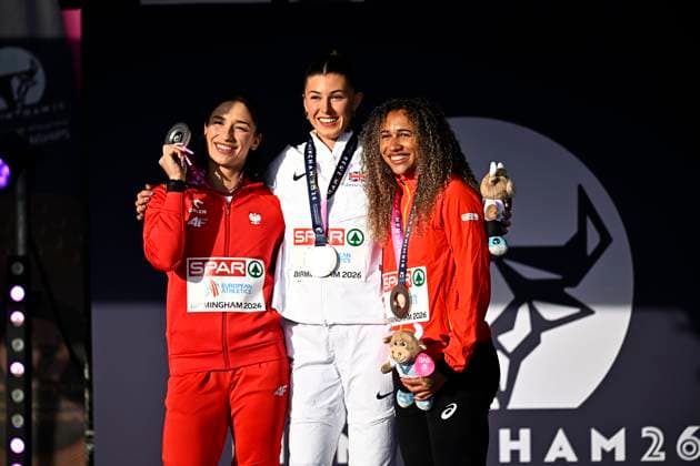 European Athletics Championships Birmingham 2026 - day 2 BIRMINGHAM, ENGLAND - AUGUST 11 : Swoboda Ewa (POL), Hunt Amy (GBR) and Nkansa Delphine (BEL) during the medal ceremony of the 100m on day 2 of the Birmingham 2026 European Athletics Championships on August 11, 2026 in Birmingham, England, 11 08 2026 Birmingham ENGLAND  Copyright: xTomasxSiskx