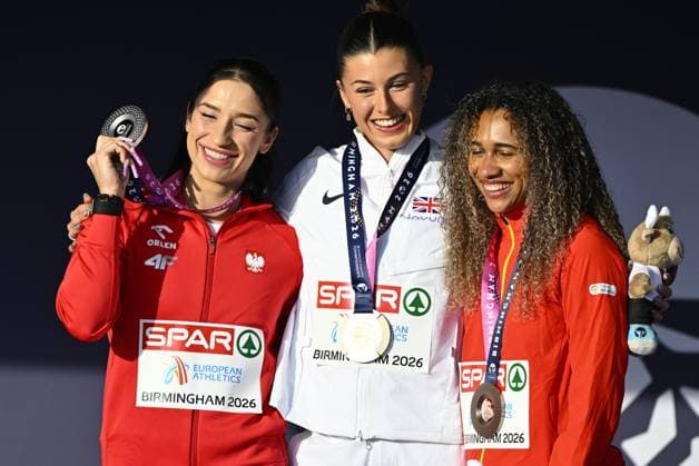 Belgian Delphine Nkansa , winner of the bronze medal in the women s 100m event, pictured on the podium of on the second day of the European Athletics Championships (August 10-18) in Birmingham, United Kingdom, on Tuesday 11 August 2026. ERICxLALMAND  x183180228x