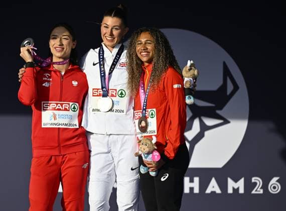 Belgian Delphine Nkansa , winner of the bronze medal in the women s 100m event, pictured on the podium of on the second day of the European Athletics Championships (August 10-18) in Birmingham, United Kingdom, on Tuesday 11 August 2026. ERICxLALMAND  x183180507x
