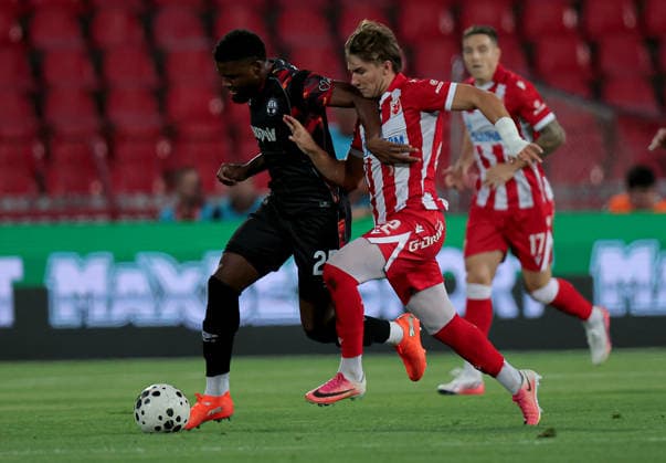 Crvena Zvezda v Hapoel Beer Sheva, UEFA Champions League, third qualifying round, 2nd leg Season 2026 2027 Belgrade, Serbia. 11th August, 2026. Hapoel s Lucas Ventura (L) vies with Crvena Zvezda s Vasilije Kostov (R) during the UEFA Champions League, third qualifying round, 2nd leg football match between Crvena Zvezda (Red Star) and Hapoel Beer-Sheva at the Rajko Mitic Stadium on August 11, 2026 in Belgrade, Serbia. Belgrade Serbia Copyright: xPedjaxMilosavljevicx x