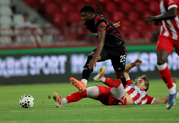 Crvena Zvezda v Hapoel Beer Sheva, UEFA Champions League, third qualifying round, 2nd leg Season 2026 2027 Belgrade, Serbia. 11th August, 2026. Hapoel s Lucas Ventura (L) vies with Crvena Zvezda s Vasilije Kostov (R) during the UEFA Champions League, third qualifying round, 2nd leg football match between Crvena Zvezda (Red Star) and Hapoel Beer-Sheva at the Rajko Mitic Stadium on August 11, 2026 in Belgrade, Serbia. Belgrade Serbia Copyright: xPedjaxMilosavljevicx x