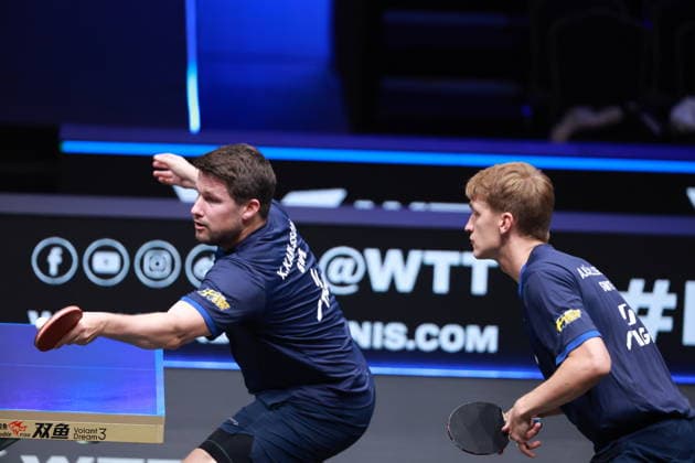 2026 WTT Europe Smash - Sweden - Main Draw Anton Kallberg and Kristian Karlsson of Sweden compete against Darko Jorgic and Deni Kozul of Slovenia during the Men s Doubles Round of 32 at the 2026 Europe Smash at the Malmo Arena in Malmo, Sweden, on August 11, 2026. Malmo Sweden  Copyright: xRemyxGrosx originalFilename:gros-europesm260811_npDMe.jpg