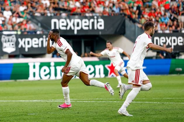 NIJMEGEN , 08-07-2026 , Stadium De Goffert , season 2026 2027 , Third qualifying round UEFA Champions League 2nd leg football , match between NEC Nijmegen and Olympiacos , picture shows goal celebration by NEC player Tjaronn Chery NEC - Olympiacos  x205634250x Copyright:
