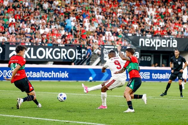 NIJMEGEN , 08-07-2026 , Stadium De Goffert , season 2026 2027 , Third qualifying round UEFA Champions League 2nd leg football , match between NEC Nijmegen and Olympiacos , picture shows goal scored by Olympiacos player Ayoub El Kaabi NEC - Olympiacos  x205634255x Copyright: