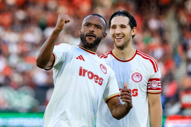 NIJMEGEN, NETHERLANDS - AUGUST 11: Ayoub El Kaabi of Olympiacos celebrates after scoring his team s first goal during the UEFA Champions League 2026 27 third qualifying round second leg match between NEC Nijmegen and Olympiacos at the Goffertstadion on August 11, 2026 in Nijmegen, Netherlands.  Copyright: xRenexNijhuis MBxMediax