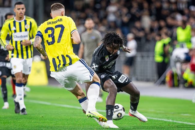STURM GRAZ - FENERBAHCE Seedy Jatta of Sturm and Milan Skriniar of Fenerbahce during the second leg of third qualifying round of UEFA Champions league football match between SK Sturm Graz and Fenerbahce BK at the Stadion Graz Liebenau. Graz, Austria, August 11, 2026. Photo by Branislav Racko Copyright: xx 080A1697