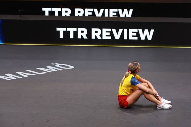 2026 WTT Europe Smash - Sweden - Main Draw Bernadette Szocs of Romania looks for a TTR Review against Nina Mittelham of Germany during the Women s Singles Round of 64 at the 2026 Europe Smash at the Malmo Arena in Malmo, Sweden, on August 11, 2026. Malmo Sweden  Copyright: xRemyxGrosx originalFilename:gros-europesm260811_npNg6.jpg