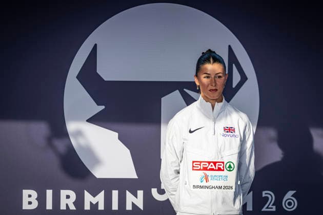 RECORD DATE NOT STATED 11th August 2026; Alexander Stadium, Birmingham, Midlands, England; 2026 European Athletics Championships, Day Two; Amy Hunt (GBR) stands on the podium and celebrates winning gold in the womens 100m final GodfreyxPitt