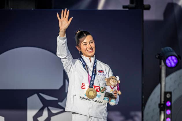 RECORD DATE NOT STATED 11th August 2026; Alexander Stadium, Birmingham, Midlands, England; 2026 European Athletics Championships, Day Two; Amy Hunt (GBR) stands on the podium and celebrates winning gold in the womens 100m final GodfreyxPitt