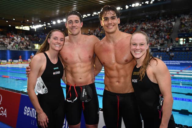 2026-08-11 2026 European Aquatics Championships PARIS, FRANCE - AUGUST 11: Marrit Steenbergen of the Netherlands, Caspar Corbeau of the Netherlands, Sean Niewold of the Netherlands, Maaike de Waard of the Netherlands during 2026 European Aquatics Championships on August 11, 2026 in Paris, France. (Photo by Nikola Krstic BSR Agency) Paris France Content not available for redistribution in The Netherlands directly or indirectly through any third parties. Copyright: xBSRxAgencyx