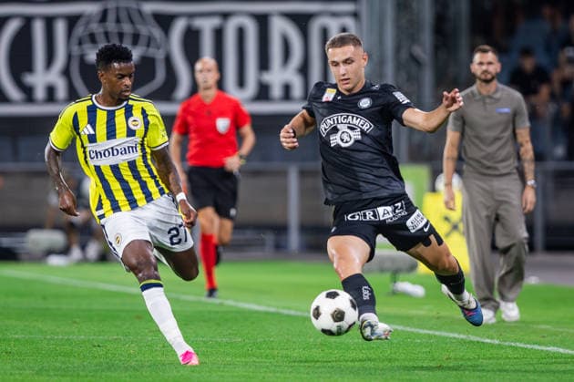 STURM GRAZ - FENERBAHCE Petar Petrovic of Sturm and Nelson Semedo of Fenerbahce during the second leg of third qualifying round of UEFA Champions league football match between SK Sturm Graz and Fenerbahce BK at the Stadion Graz Liebenau. Graz, Austria, August 11, 2026. Photo by Branislav Racko Copyright: xx 080A1827